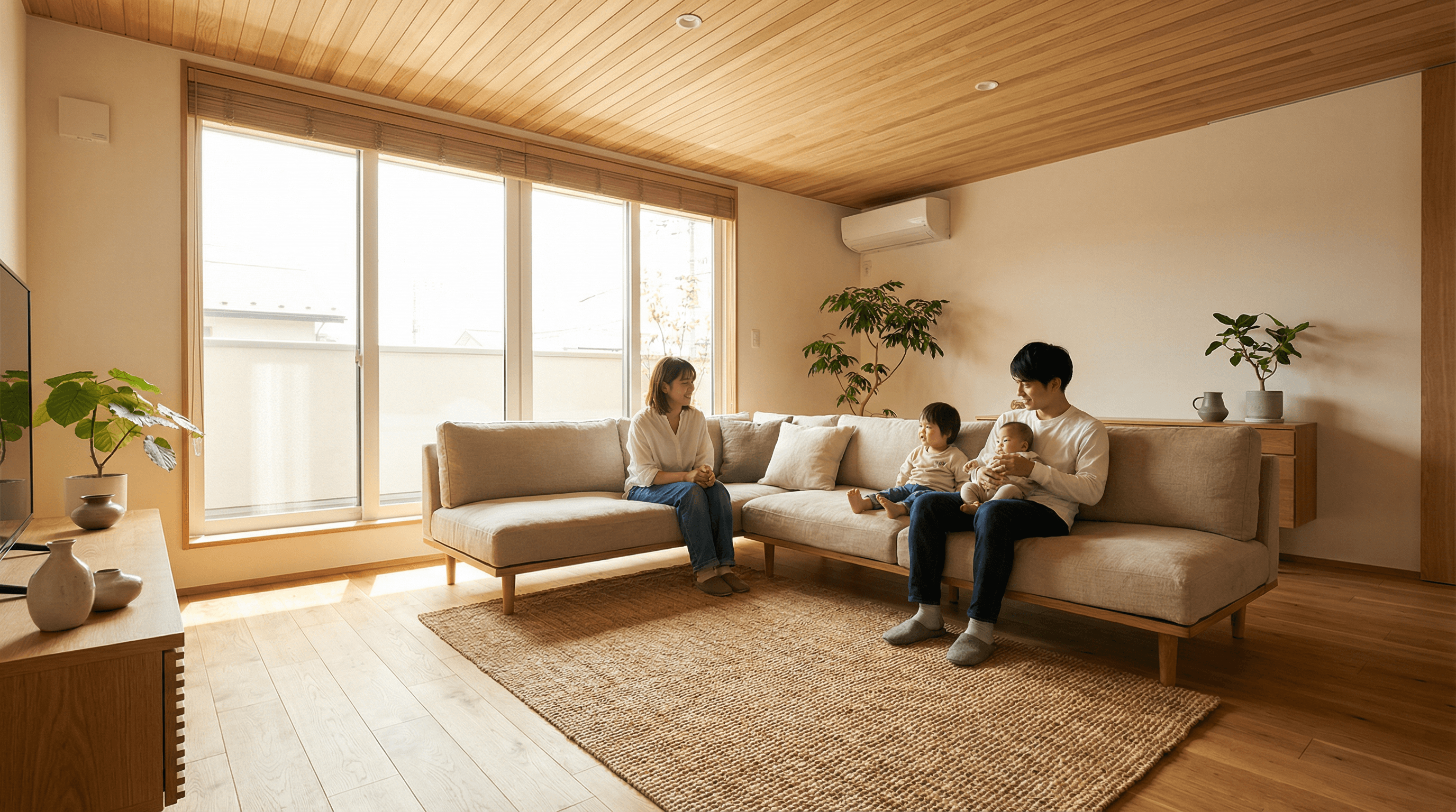 モダンな新築マンションのリビングルームで家族がリラックスしている様子